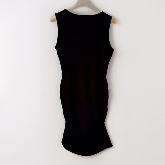 BEBE Y2K Crystal Logo Ruched Sleeveless Midi Dress Size Large Black Stretch 90s - Picture 10 of 11